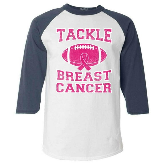 Shop4Ever Men's Tackle Breast Cancer Support Awareness Raglan Baseball Shirt Large White/Navy