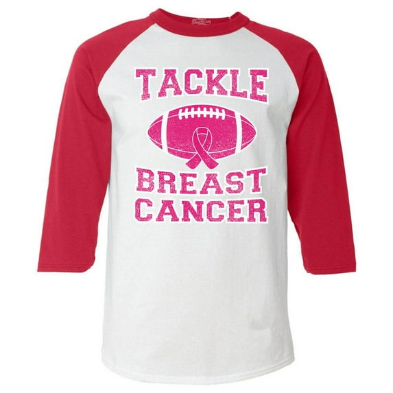 Shop4Ever Men's Tackle Breast Cancer Support Awareness Raglan Baseball Shirt Small White/Red