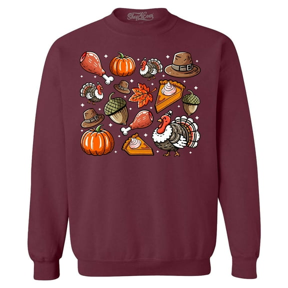 Shop4Ever Men's Thanksgiving Fall Collage Turkey Pilgrim Pumpkin Pie Crewneck Sweatshirt Large Maroon