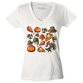 thumbnail image 1 of Shop4Ever Women's Thanksgiving Fall Collage Turkey Pilgrim Pumpkin Pie Slim Fit V-Neck T-Shirt X-Small White, 1 of 5