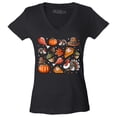 thumbnail image 1 of Shop4Ever Women's Thanksgiving Fall Collage Turkey Pilgrim Pumpkin Pie Slim Fit V-Neck T-Shirt Large Black, 1 of 5