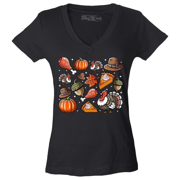 Shop4Ever Women's Thanksgiving Fall Collage Turkey Pilgrim Pumpkin Pie Slim Fit V-Neck T-Shirt Large Black