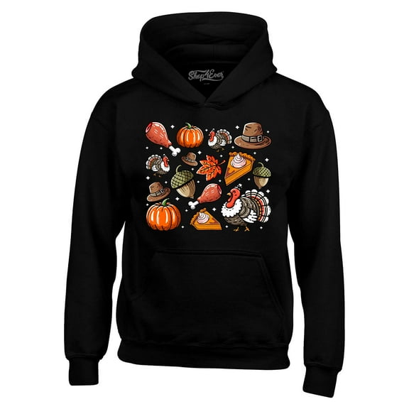 Shop4Ever Men's Thanksgiving Fall Collage Turkey Pilgrim Pumpkin Pie Hooded Sweatshirt Hoodie Small Black