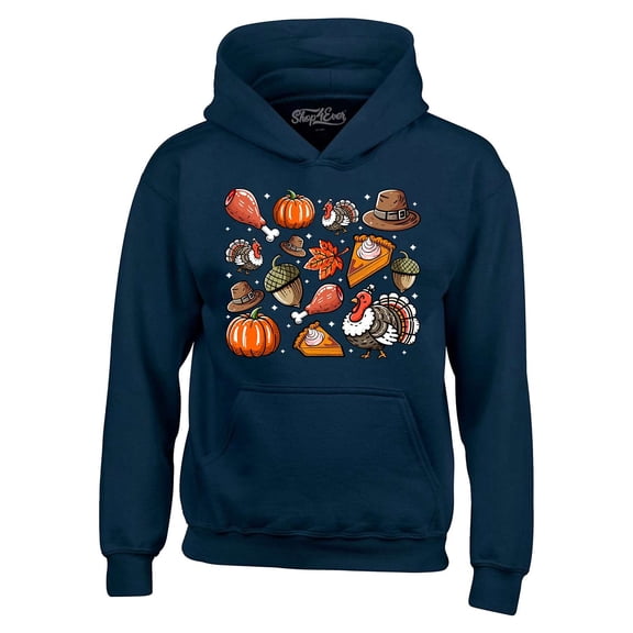 Shop4Ever Men's Thanksgiving Fall Collage Turkey Pilgrim Pumpkin Pie Hooded Sweatshirt Hoodie X-Large Navy