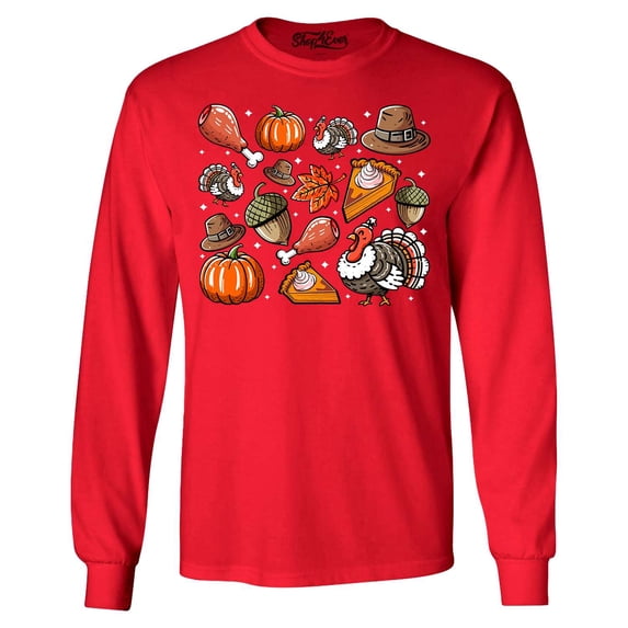 Shop4Ever Men's Thanksgiving Fall Collage Turkey Pilgrim Pumpkin Pie Long Sleeve Shirt Small Red