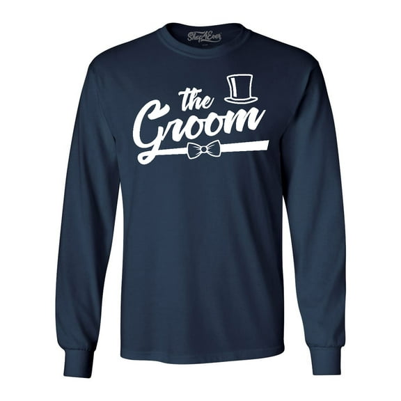 Shop4Ever Men's The Groom Top Hat Bow Tie Long Sleeve Shirt Small Navy