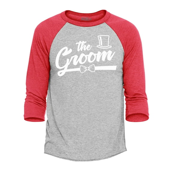 Shop4Ever Men's The Groom Top Hat Bow Tie Raglan Baseball Shirt XX-Large Heather Grey/Red
