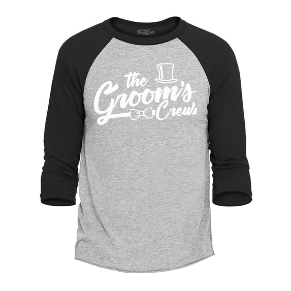 Shop4Ever Men's The Groom's Crew Top Hat Bow Tie Raglan Baseball Shirt Small Heather Grey/Black