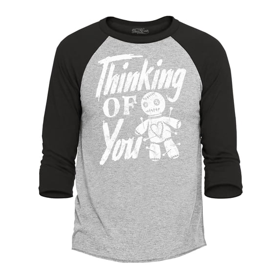 Shop4Ever Men's Thinking of You Voodoo Doll Halloween Raglan Baseball Shirt X-Large Heather Grey/Black