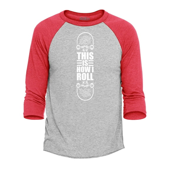 Shop4Ever Men's This is How I Roll Skateboard Funny Skateboarding Raglan Baseball Shirt Large Heather Grey/Red