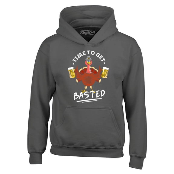 Shop4Ever Men's Time to Get Basted Thanksgiving Turkey Hooded Sweatshirt Hoodie X-Large Charcoal