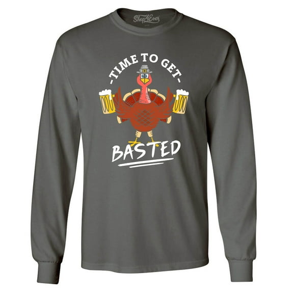 Shop4Ever Men's Time to Get Basted Thanksgiving Turkey Long Sleeve Shirt Medium Charcoal