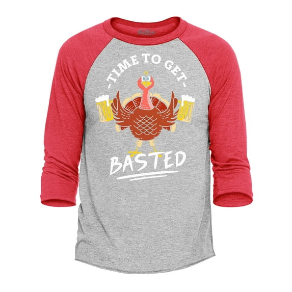Shop4Ever Men's Time to Get Basted Thanksgiving Turkey Raglan Baseball Shirt Large Heather Grey/Red