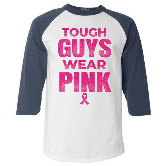 Shop4Ever Men's Tough Guys Wear Pink Breast Cancer Awareness Raglan Baseball Shirt Large White/Navy
