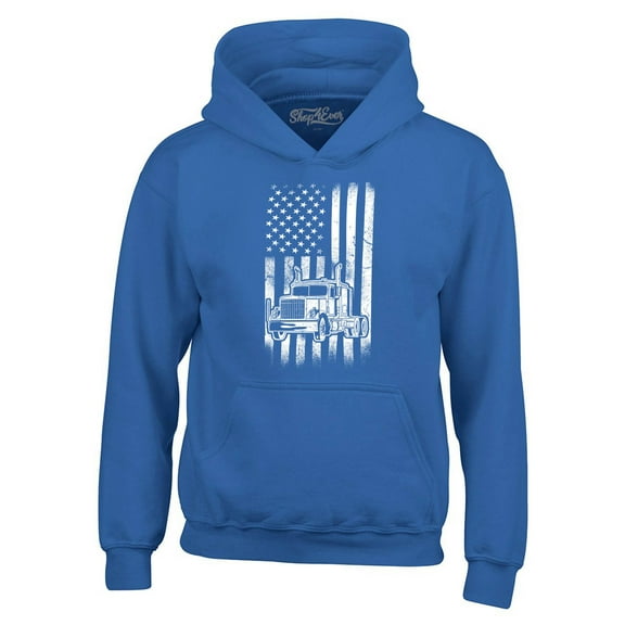 Shop4Ever Men's Trucker American Flag USA Hooded Sweatshirt Hoodie Small Royal Blue