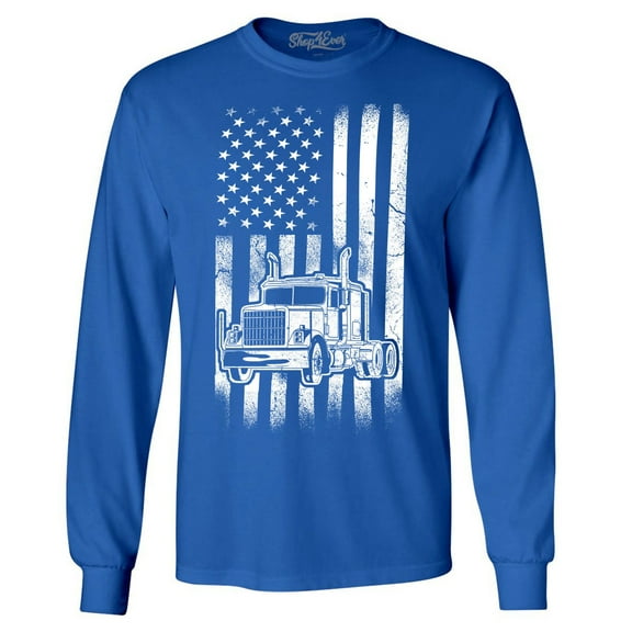 Shop4Ever Men's Trucker American Flag USA Long Sleeve Shirt Medium Royal Blue