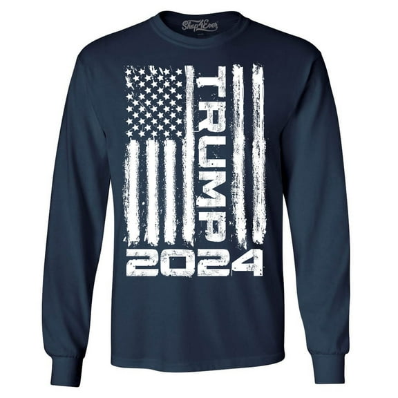 Shop4Ever Men's Trump Flag 2024 Long Sleeve Shirt Medium Navy