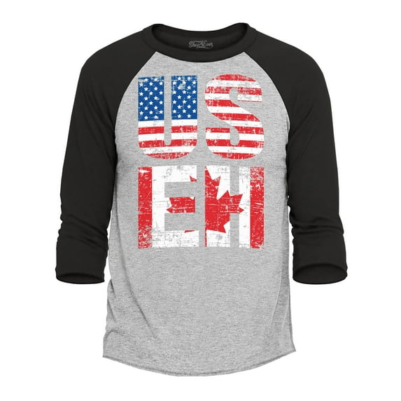 Shop4Ever Men's US EH American Canadian Flag Humor Raglan Baseball Shirt Medium Heather Grey/Black