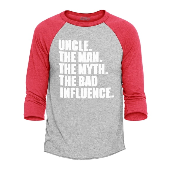 Shop4Ever Men's Uncle The Man The Myth The Bad Influence Funny Raglan Baseball Shirt Large Heather Grey/Red