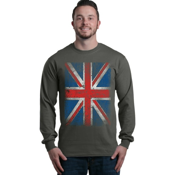 Shop4Ever Men's Union Jack British Flag UK Long Sleeve Shirt Large Charcoal