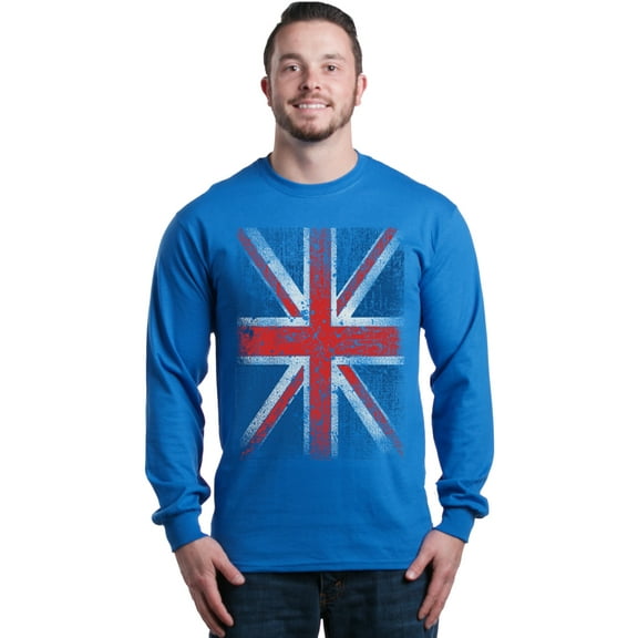 Shop4Ever Men's Union Jack British Flag UK Long Sleeve Shirt X-Large Royal Blue