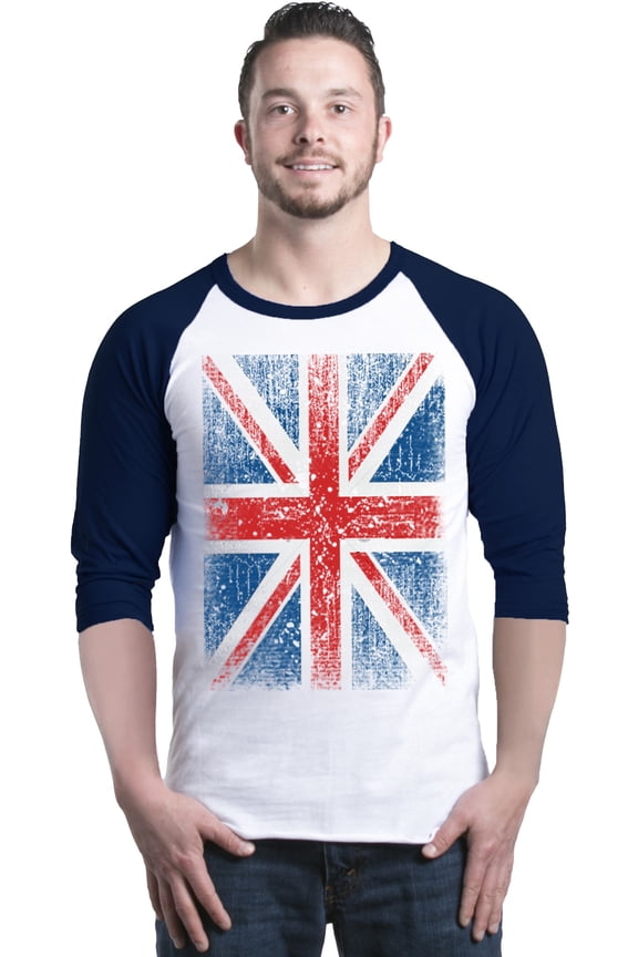 Men's Union Jack British Flag UK Raglan Baseball Shirt Large White/Navy