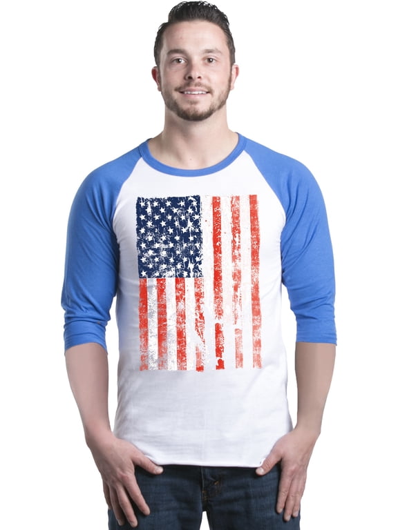 Men's United States of America Flag USA 4th of July Raglan Baseball Shirt Medium White/Blue