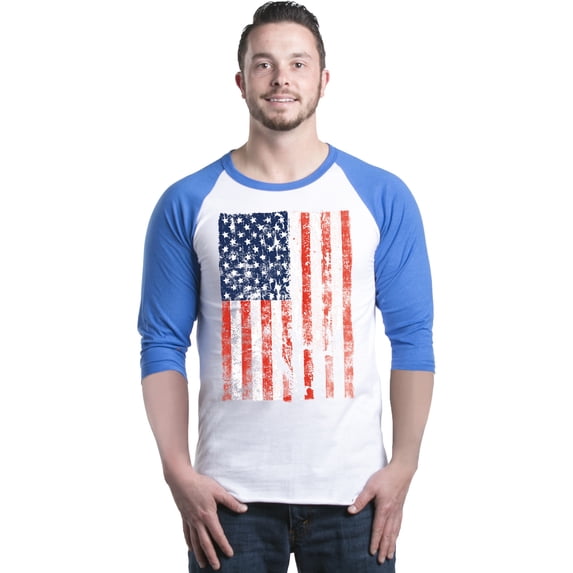 Shop4Ever Men's United States of America Flag USA 4th of July Raglan Baseball Shirt Medium White/Blue
