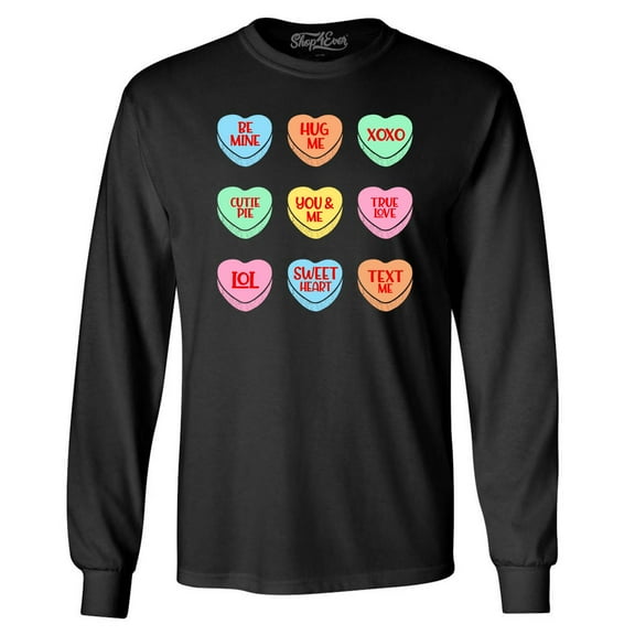 Shop4Ever Men's Valentine's Day Candy Hearts Conversation Heart Long Sleeve Shirt Large Black