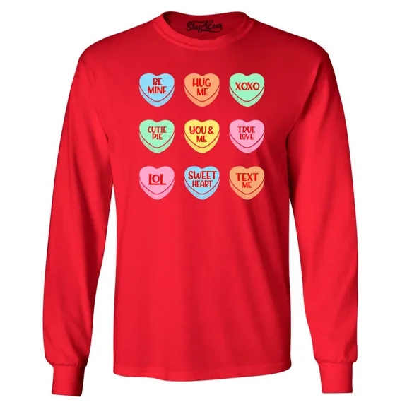 Shop4Ever Men's Valentine's Day Candy Hearts Conversation Heart Long Sleeve Shirt Large Red