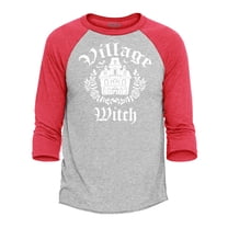Shop4Ever Men's Village Witch Spooky Halloween Witches Raglan Baseball Shirt X-Small Heather Grey/Red