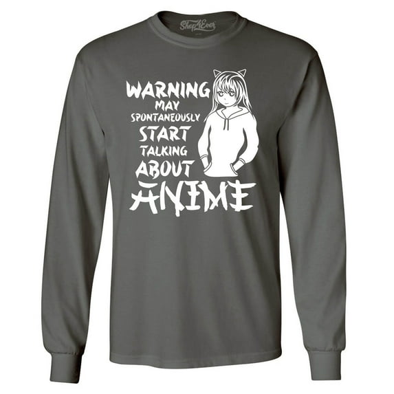 Shop4Ever Men's Warning May Start Spontaneously Talking About Anime Long Sleeve Shirt X-Large Charcoal