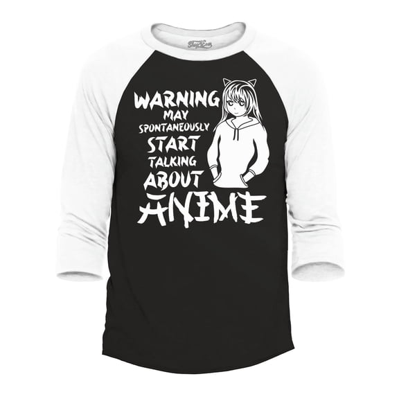 Shop4Ever Men's Warning May Start Spontaneously Talking About Anime Raglan Baseball Shirt Medium Black/White