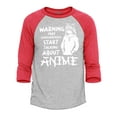 thumbnail image 1 of Shop4Ever Men's Warning May Start Spontaneously Talking About Anime Raglan Baseball Shirt Medium Heather Grey/Red, 1 of 4