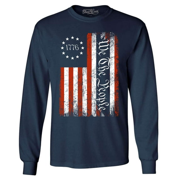 Shop4Ever Men's We The People American Flag Long Sleeve Shirt Medium Navy