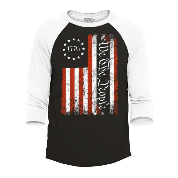 Shop4Ever Men's We The People American Flag Raglan Baseball Shirt Large Black/White