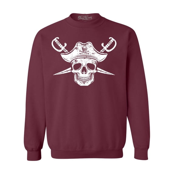 Shop4Ever Men's White Pirate Captain Skull with Scimitars Crewneck Sweatshirt Medium Maroon