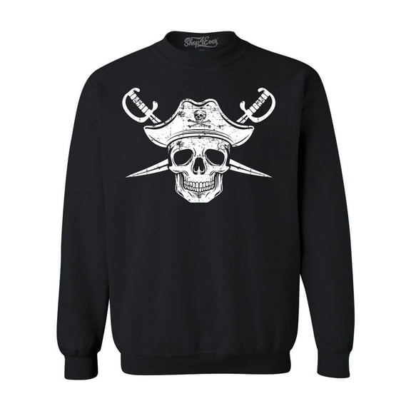 Shop4Ever Men's White Pirate Captain Skull with Scimitars Crewneck Sweatshirt X-Large Black