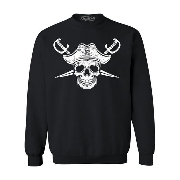 Shop4Ever Men's White Pirate Captain Skull with Scimitars Crewneck Sweatshirt XX-Large Black