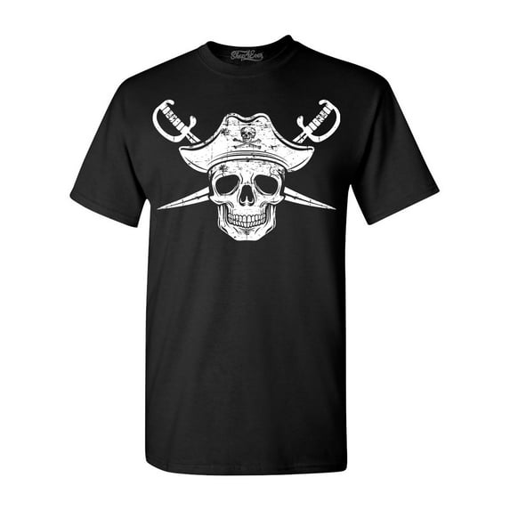 Shop4Ever Men's White Pirate Captain Skull with Scimitars Graphic T-shirt Large Black