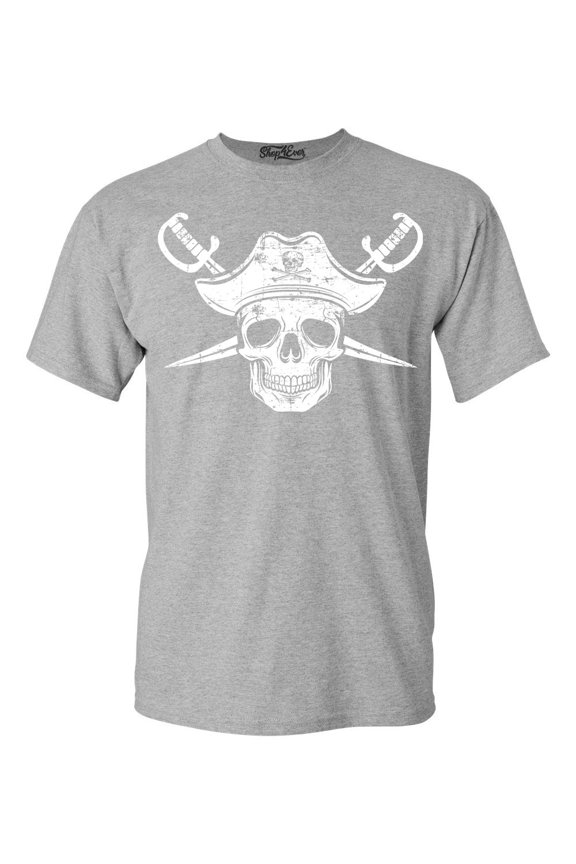 Men's White Pirate Captain Skull with Scimitars Graphic T-shirt Large Sports Grey