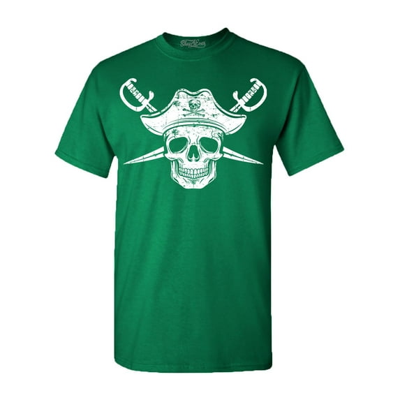 Shop4Ever Men's White Pirate Captain Skull with Scimitars Graphic T-shirt Medium Kelly