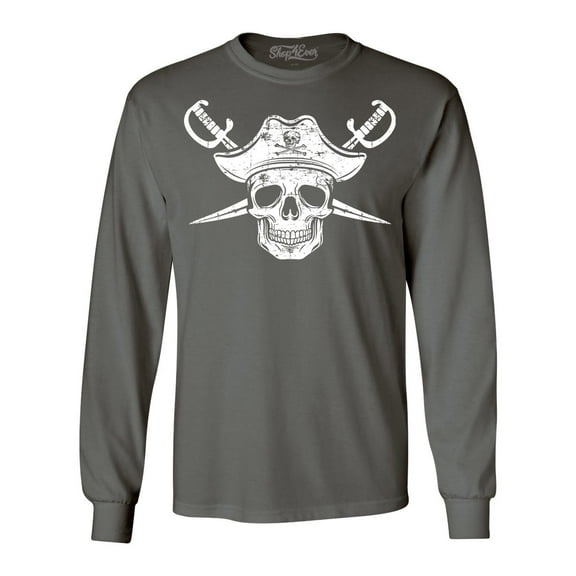 Shop4Ever Men's White Pirate Captain Skull with Scimitars Long Sleeve Shirt Small Charcoal