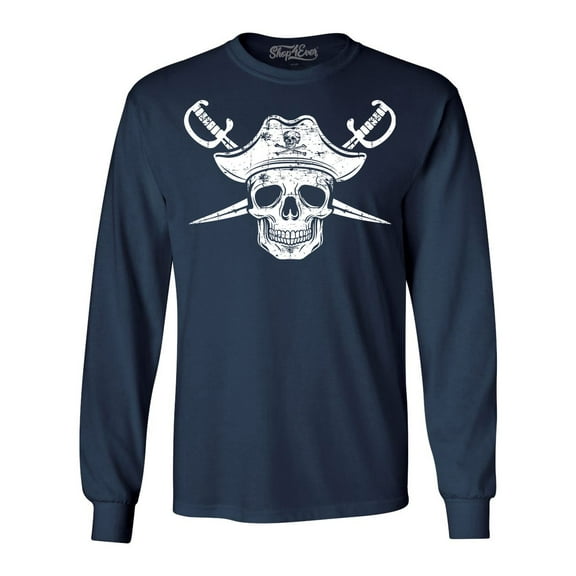 Shop4Ever Men's White Pirate Captain Skull with Scimitars Long Sleeve Shirt Small Navy