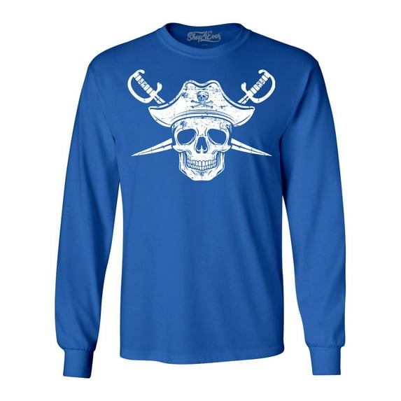 Shop4Ever Men's White Pirate Captain Skull with Scimitars Long Sleeve Shirt X-Large Royal Blue