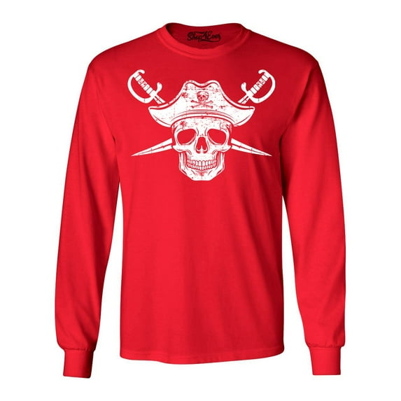 Shop4Ever Men's White Pirate Captain Skull with Scimitars Long Sleeve Shirt XX-Large Red