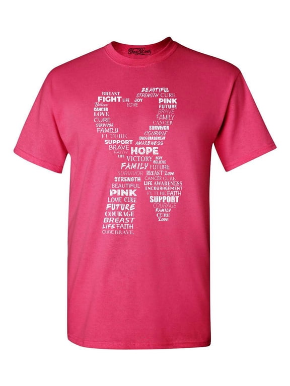 Men's White Ribbon Heart Montage Cloud Breast Cancer Graphic T-shirt Medium Heliconia Pink