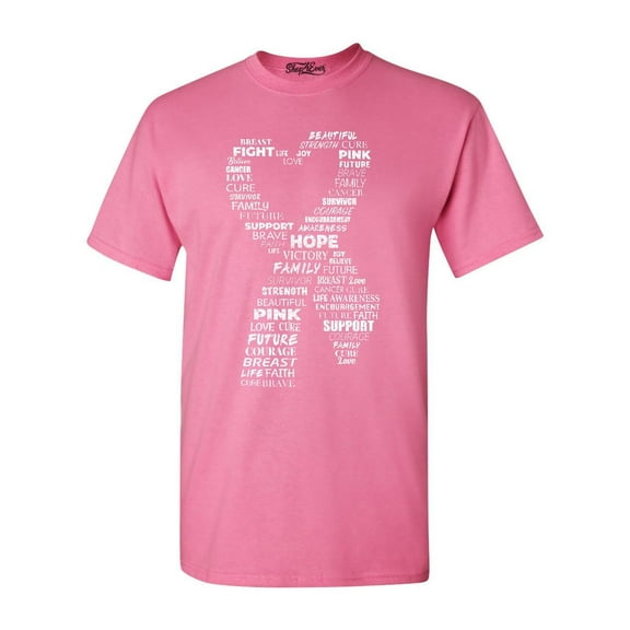 Shop4Ever Men's White Ribbon Heart Montage Cloud Breast Cancer Graphic T-shirt XX-Large Azalea Pink