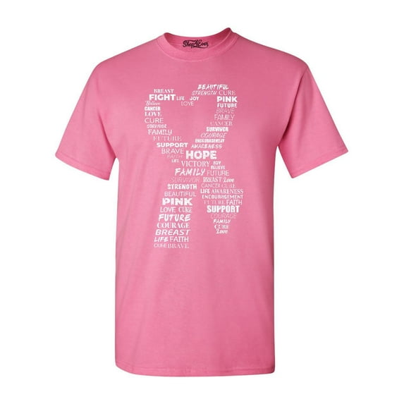 Shop4Ever Men's White Ribbon Heart Montage Cloud Breast Cancer Graphic T-shirt XXX-Large Azalea Pink