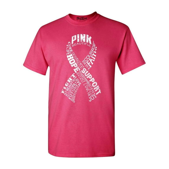 Shop4Ever Men's White Ribbon Montage Word Cloud Breast Cancer Graphic T-shirt Large Heliconia Pink